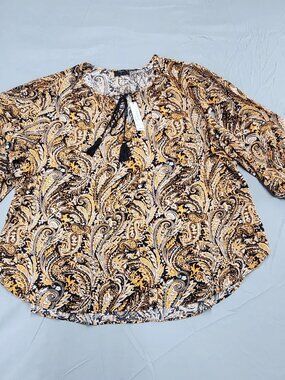 Tahari Womens Plus Size 3X Blouse Black Orange Paisley Tie Neck Peasant Top